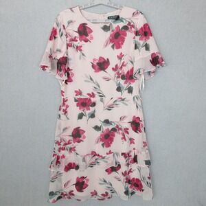 Lauren Ralph Lauren Floral Tiered Dress Pink Magenta Size 12 Flutter Sleeve